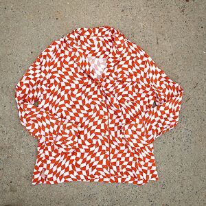 Anthropologie Retro Mod Print Button Up Blouse Orange White V Neck M